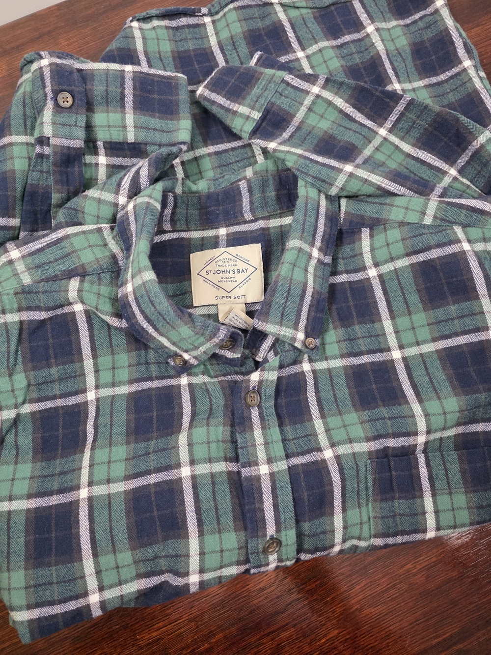 St. John’s Bay Men’s XXL Green Navy Plaid Flannel Button Down Shirt 100% Cotton